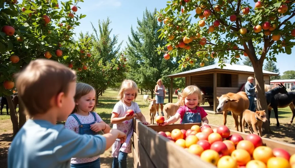 An image of Hillcrest Orchards with a petting farm and children enjoying apple picking.