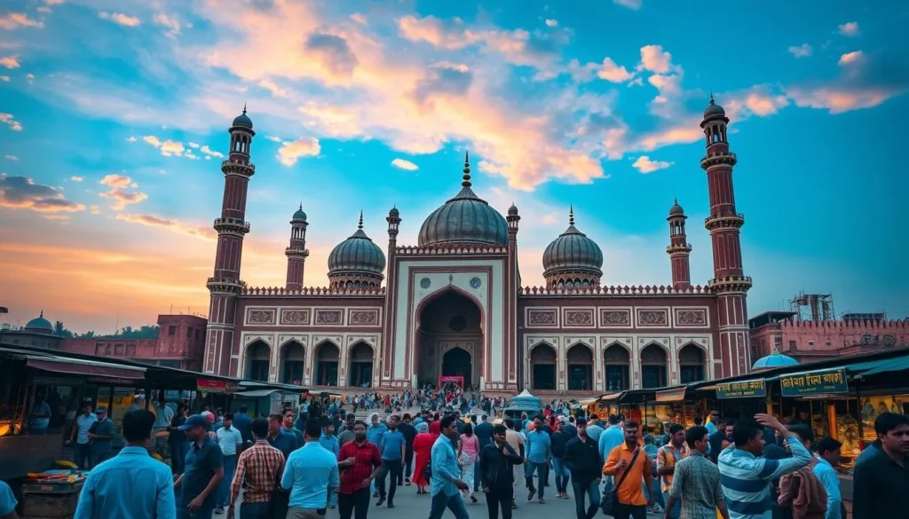 An image of Jama Masjid's grand structure and bustling surroundings.