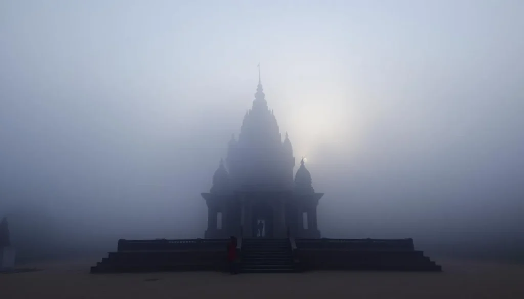 An image of Janapav temple at sunrise with misty surroundings