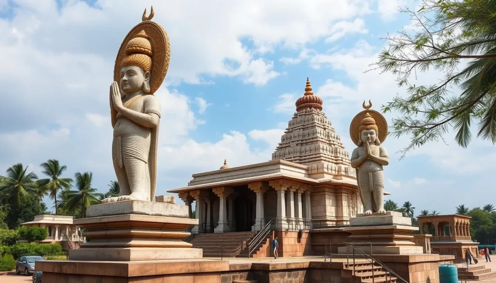 An image of Kaleshwaram Temple, situated at the confluence of the Godavari River, highlighting its unique Shiva Lingas.