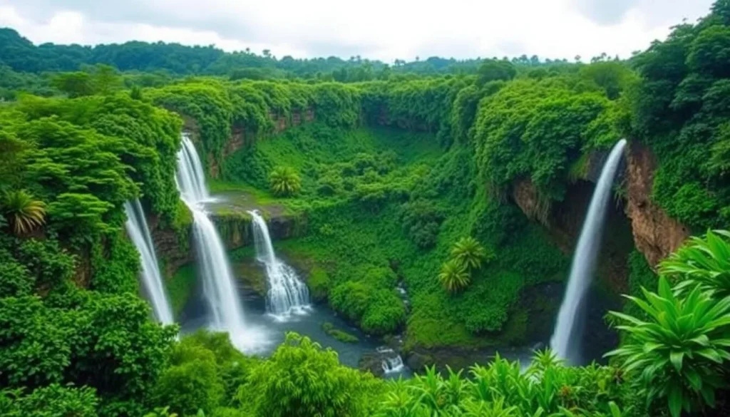 An image of Katiki Waterfalls surrounded by lush green vegetation.