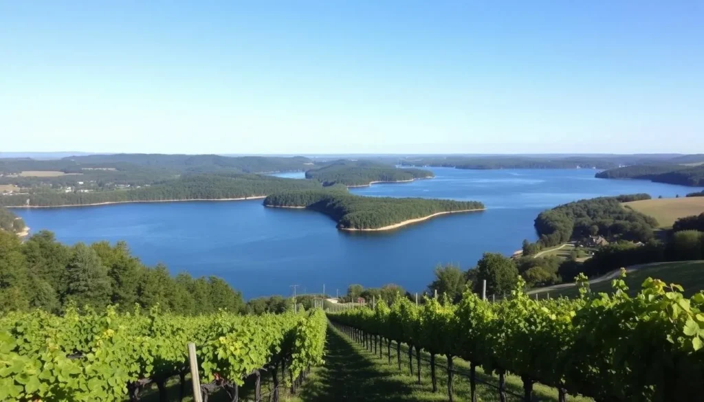 An image of Keuka Lake with its Y-shaped formation and surrounding vineyards