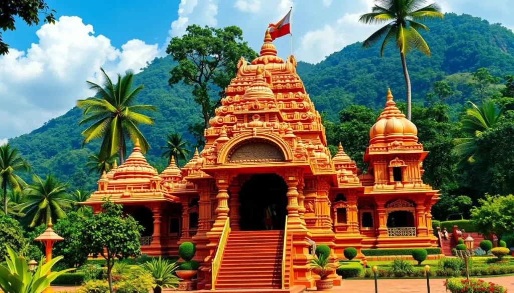 An image of Kondagattu Anjaneya Swamy Temple, a majestic temple dedicated to Lord Hanuman, surrounded by lush greenery.