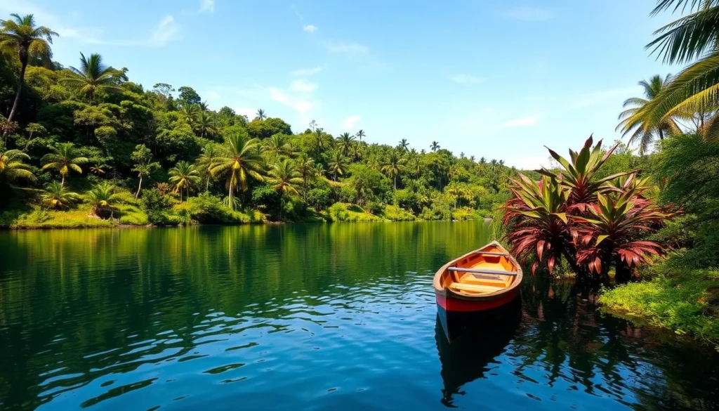 An image of Lake Sandoval with a canoe on the lake and surrounding lush rainforest.