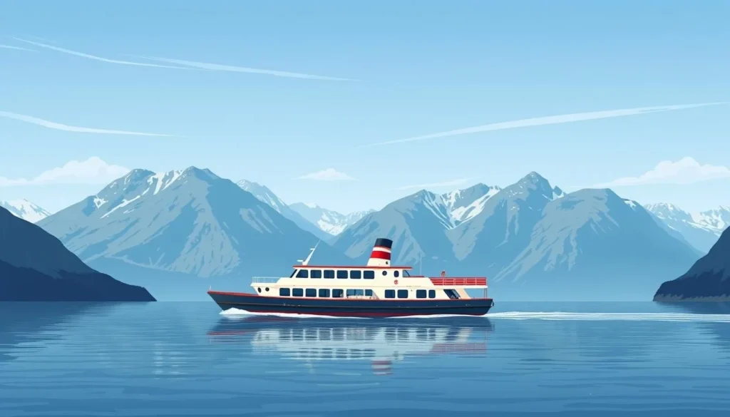 An image of M/B Bitihorn cruising on Lake Bygdin with Jotunheimen peaks in the background