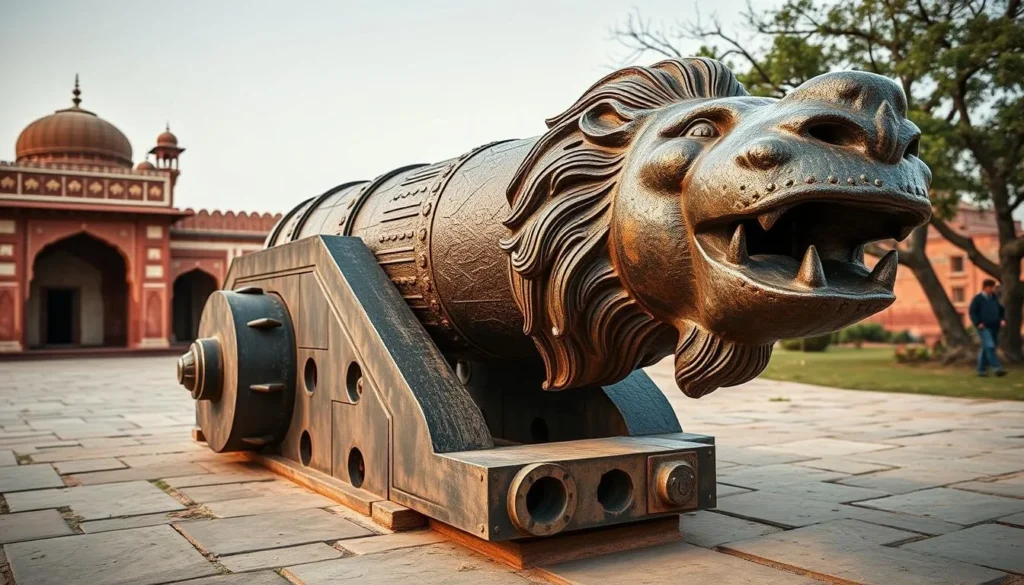An image of Malik-e-Maidan, the world's largest medieval cannon, with a lion-shaped muzzle.