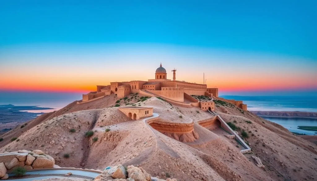 An image of Masada at sunrise with the Dead Sea in the background