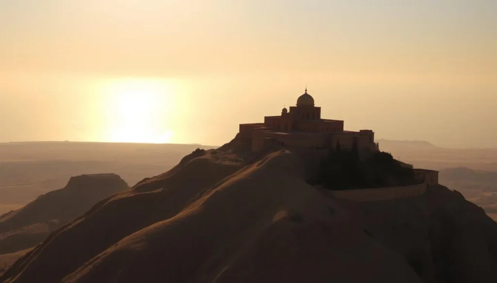 An image of Masada fortress at sunrise with the Dead Sea in the background
