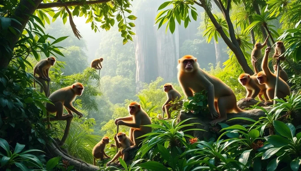 An image of Monkey Island with various monkeys and other wildlife, surrounded by lush vegetation.