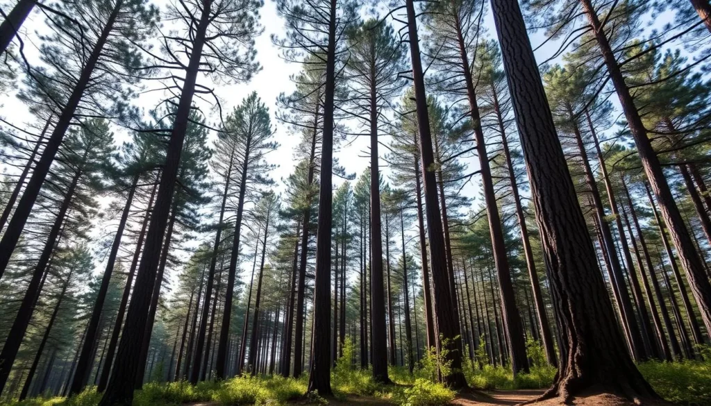 An image of Norra Kvill National Park's ancient pine forest with massive trees and a serene atmosphere.