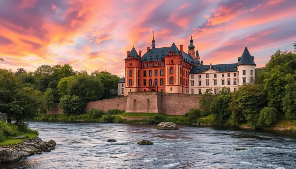 An image of Örebro Castle's imposing facade with its characteristic red color and surrounded by the Svartån River.