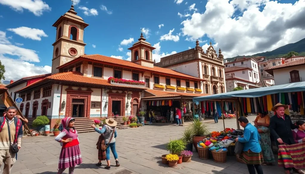 An image of Otavalo, Ecuador, showcasing its traditional indigenous architecture and vibrant cultural scene.