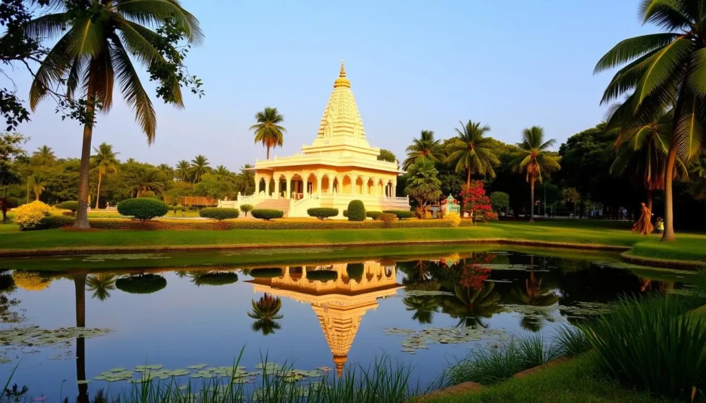 An image of Penchalakona Temple surrounded by lush greenery and a serene pond.