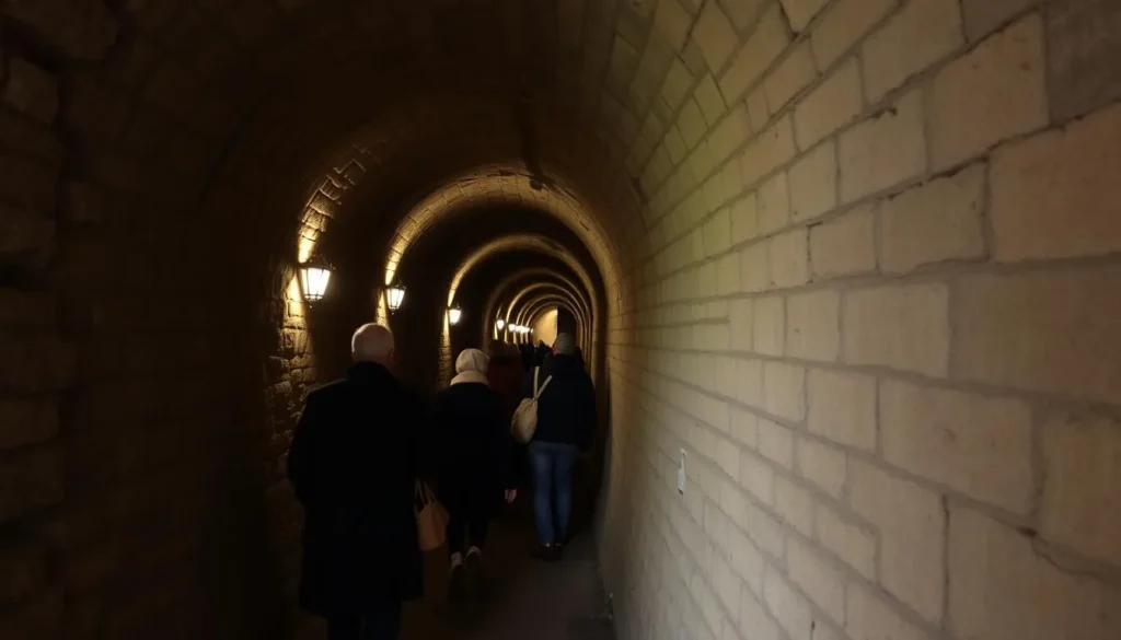 An image of Plzen's historical underground tour, showing visitors walking through a narrow tunnel.