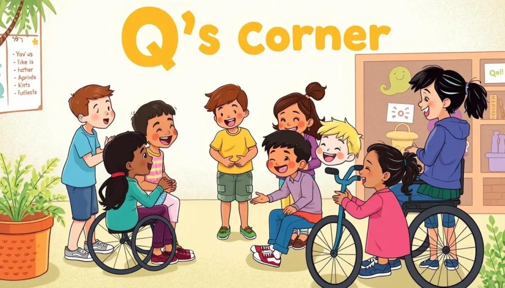 An image of Q's Corner, showing children of different abilities playing together in an inclusive environment.