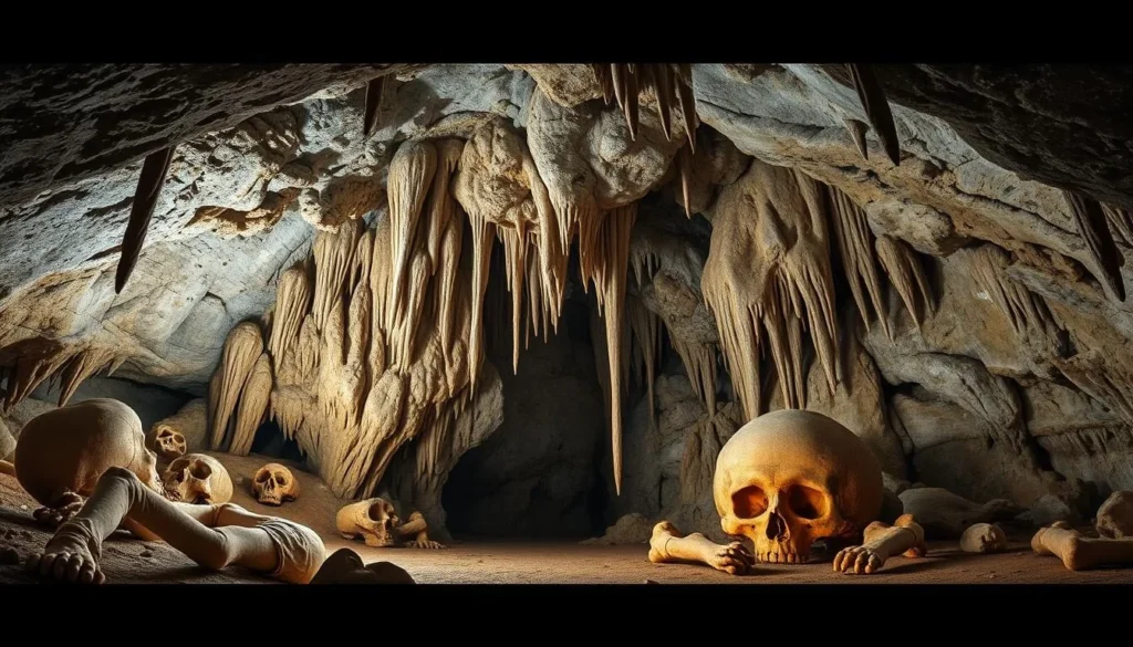 An image of Quiocta Cave with stalactites and stalagmites, and ancient human remains near the entrance. An image of Quiocta Cave with stalactites and stalagmites, and ancient human remains near the entrance.
