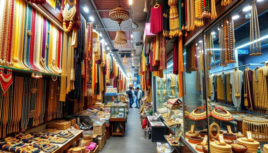 An image of Sarafa Bazaar, highlighting its array of jewelry shops.