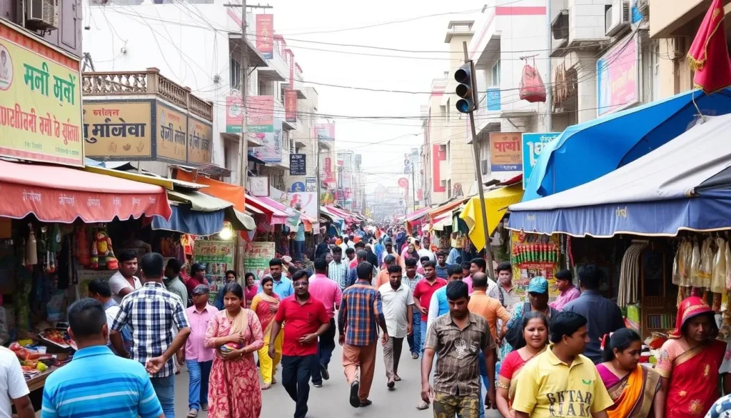 An image of Sitabuldi Main Road bustling with shoppers and vendors.
