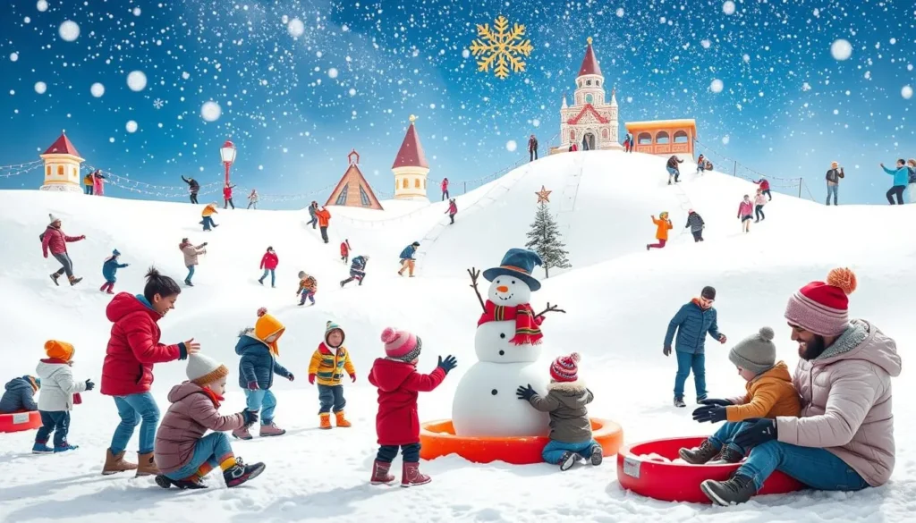An image of Snow Park inside Rahulraj Mall, showing people enjoying snow activities.