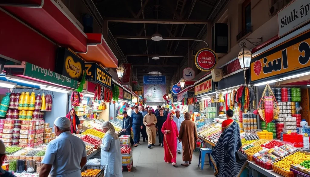 An image of Souk Salmiya, highlighting the vibrant colors and bustling activity within the traditional market.