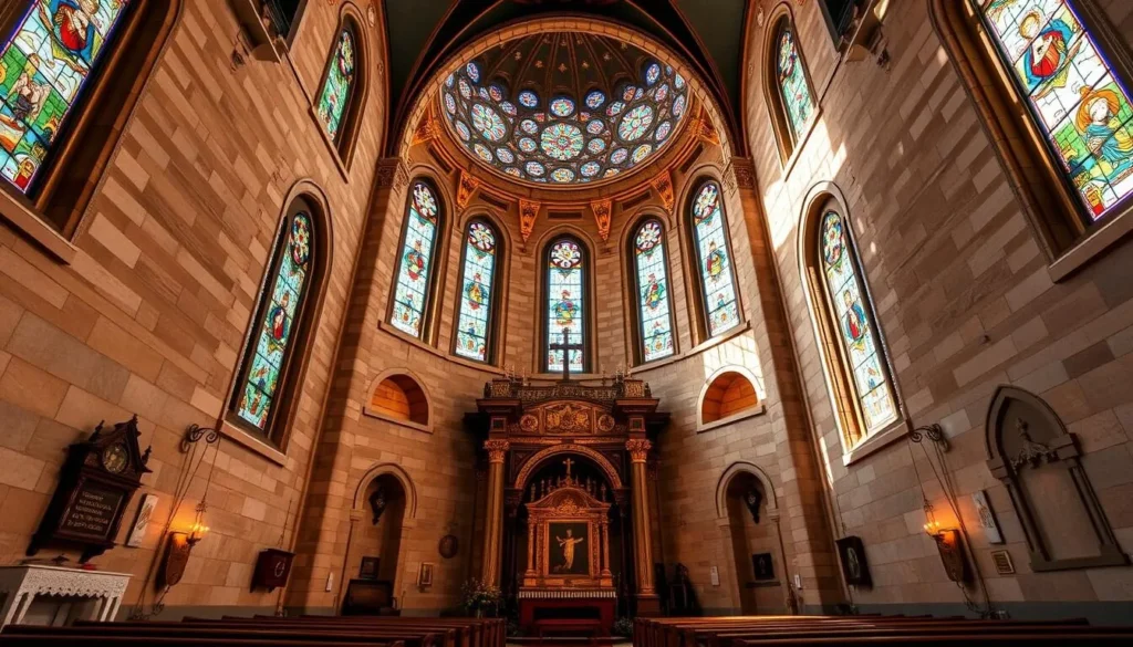 An image of St. Catherine's Church in Bethlehem, showcasing its beautiful stained glass windows and serene interior.