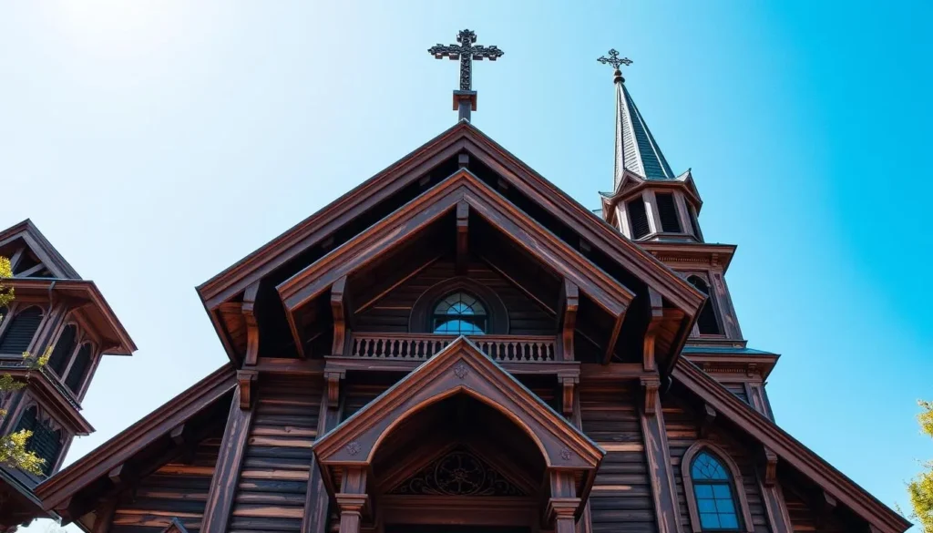An image of St. Joseph's Church showcasing its unique wooden architecture.