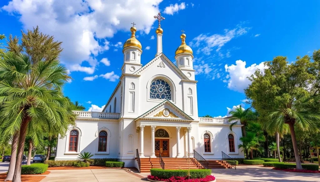 An image of St. Nicholas Greek Orthodox Cathedral in Tarpon Springs, Florida, showcasing its beautiful architecture and surroundings.