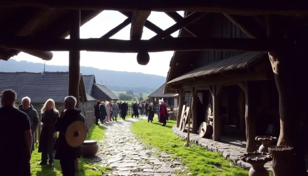 An image of Stavgard Vikingagård, a reconstructed Viking village, with visitors experiencing daily life during the Viking age.