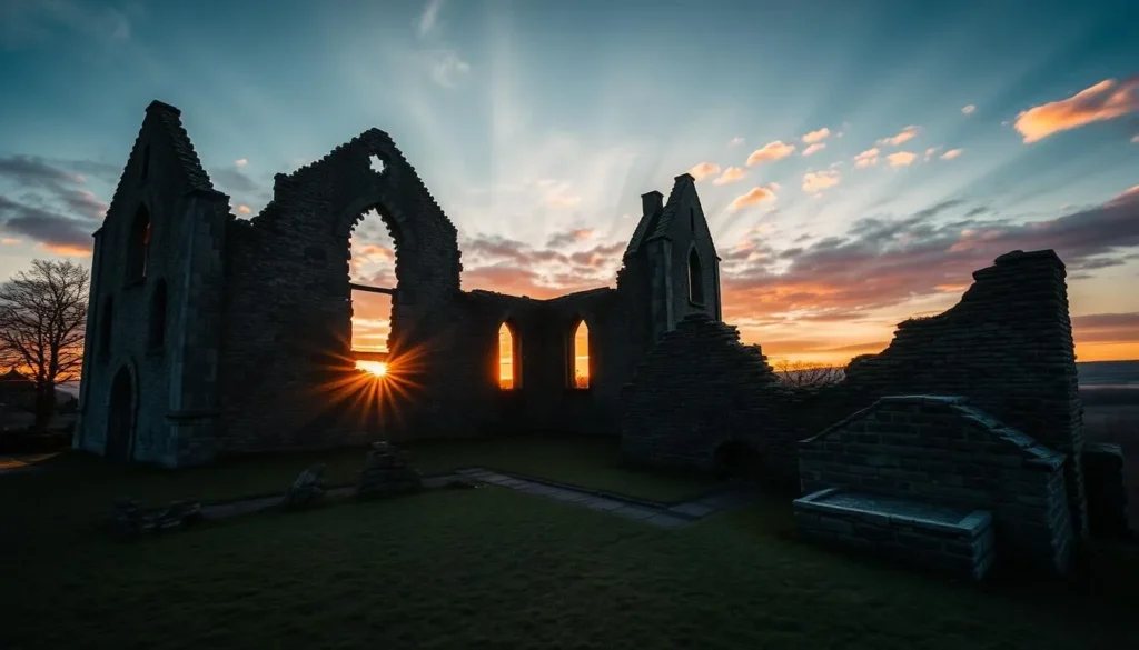 An image of Stegeholm Castle Ruins at sunset
