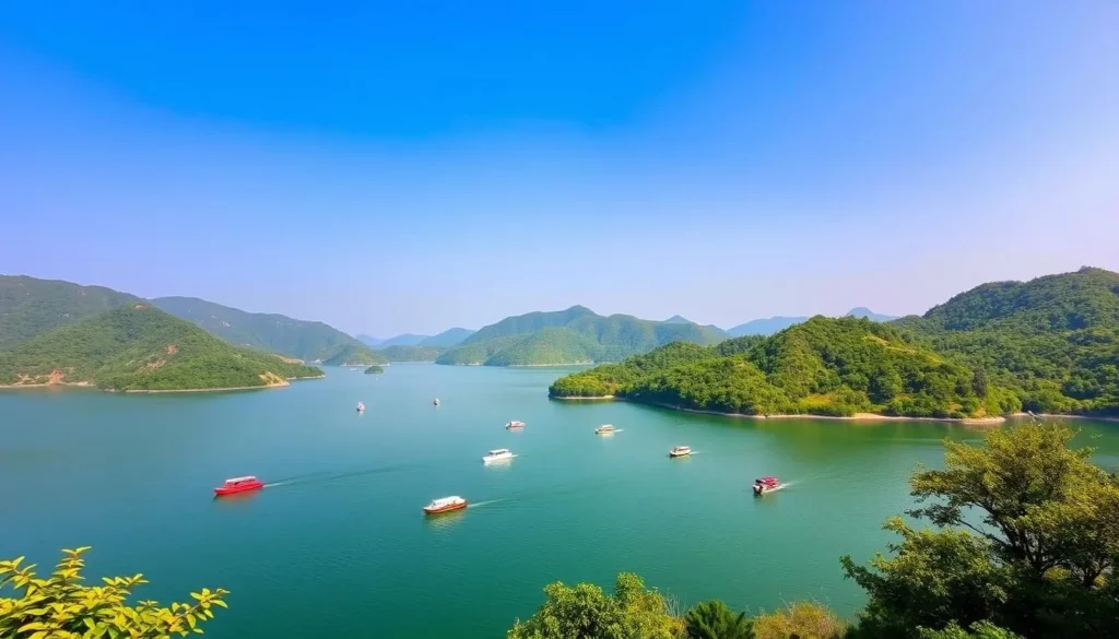 An image of Sumendu Lake with boats and surrounding hills.