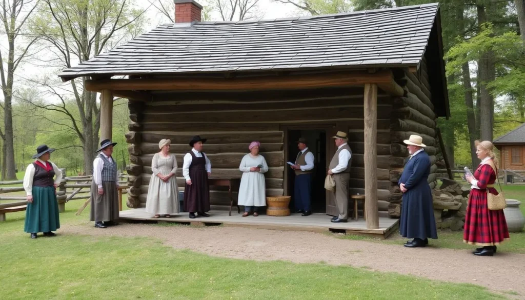 An image of Sunnybrook Farm Museum's log cabin with costumed interpreters.