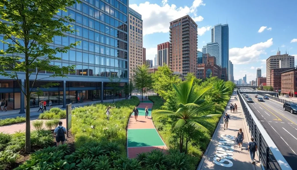 An image of The Greenway, showcasing its urban walking trail and surrounding cityscape.