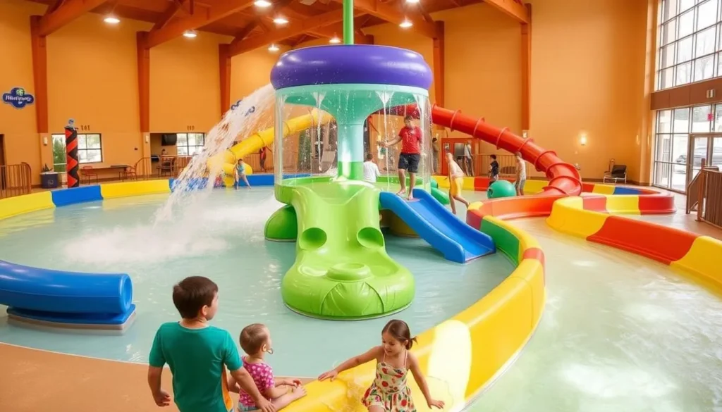 An image of Three Bear Waterpark at Holiday Inn Express, Brainerd, with its 1,000-gallon splash bucket and lazy river.