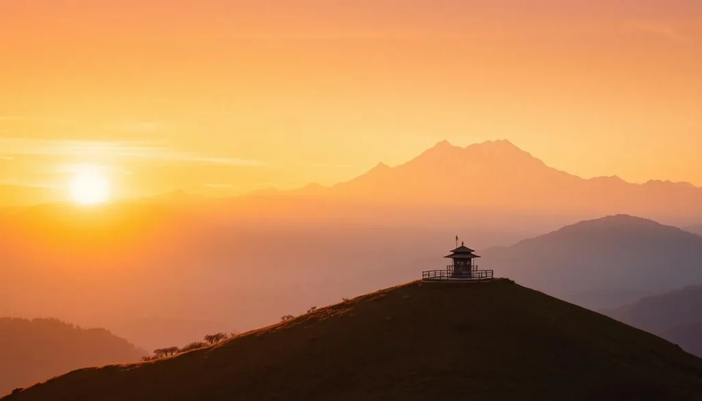 An image of Tiger Hill at sunrise with the Kanchenjunga mountain range in the background.