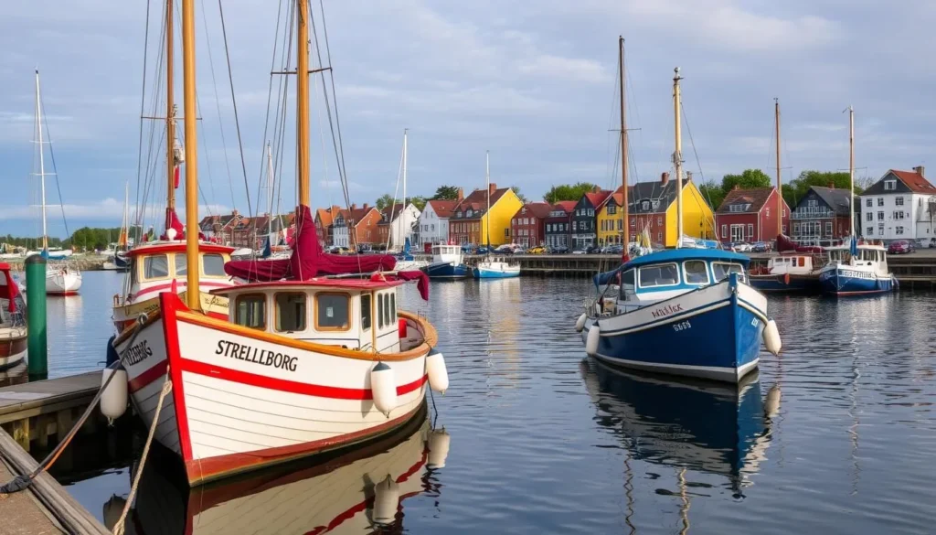 An image of Trelleborg's harbor with traditional Swedish boats