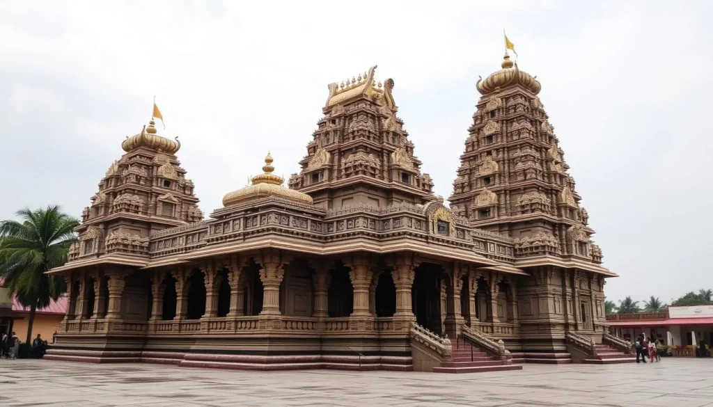An image of Vadakkunnathan Temple's majestic structure with its intricate carvings and monumental towers.