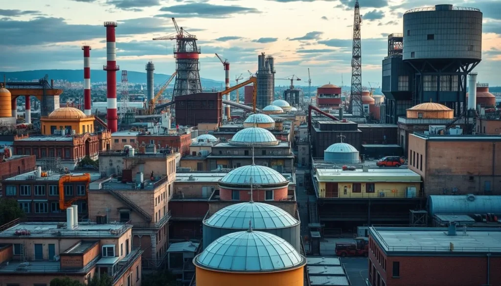 An image of Valencia's industrial landscape with a mix of modern and historical buildings.