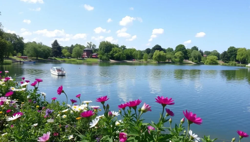 An image of Valentines Park's serene boating lake during summer