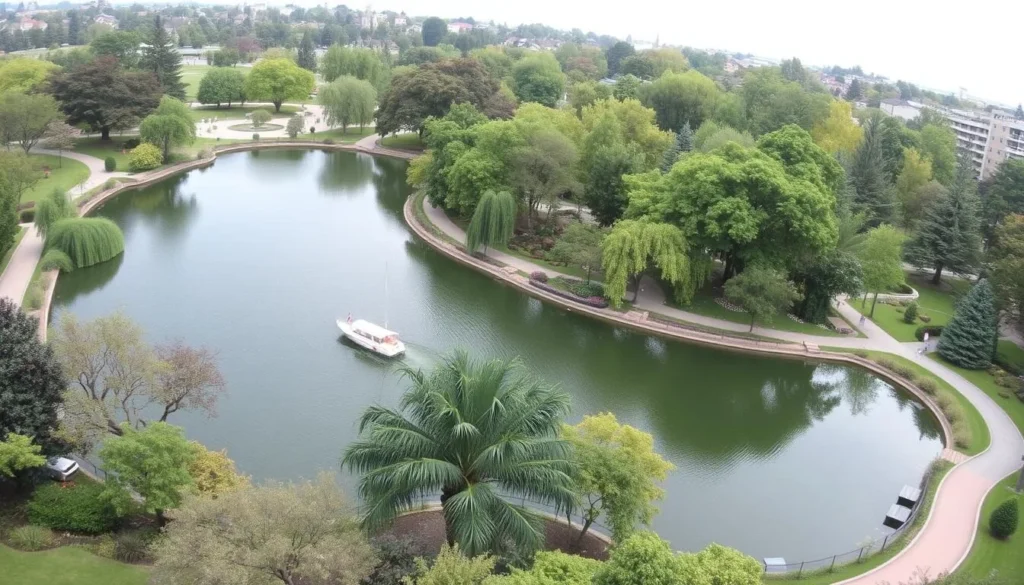 An image of Victoria Park's picturesque boating lake surrounded by lush greenery and walking paths.