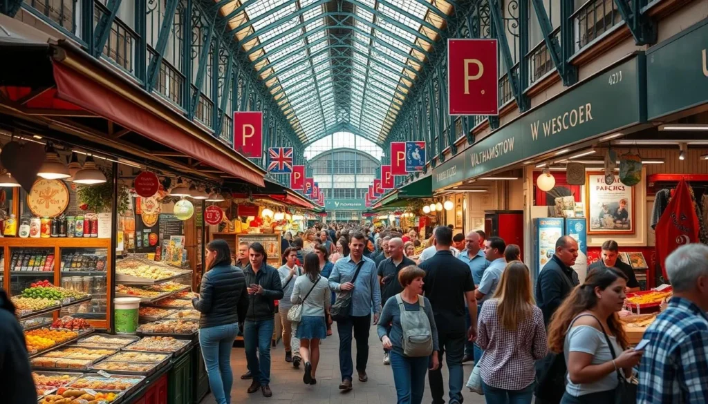 An image of Walthamstow Market's bustling high street with diverse stalls and people browsing.