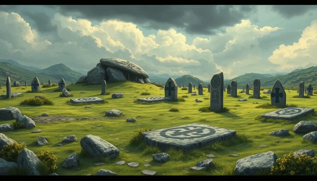 An image of a Viking burial ground with ancient graves