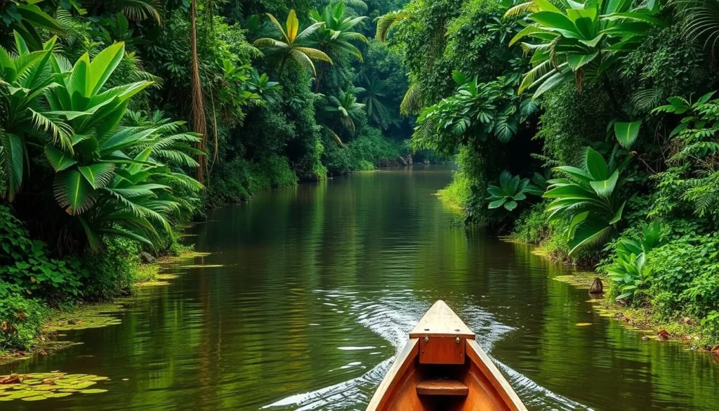 An image of a canoe navigating through a narrow tributary of the Amazon River.