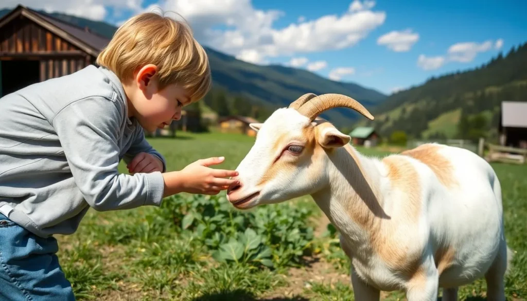 An image of a child petting a goat at Mountain Valley Farm