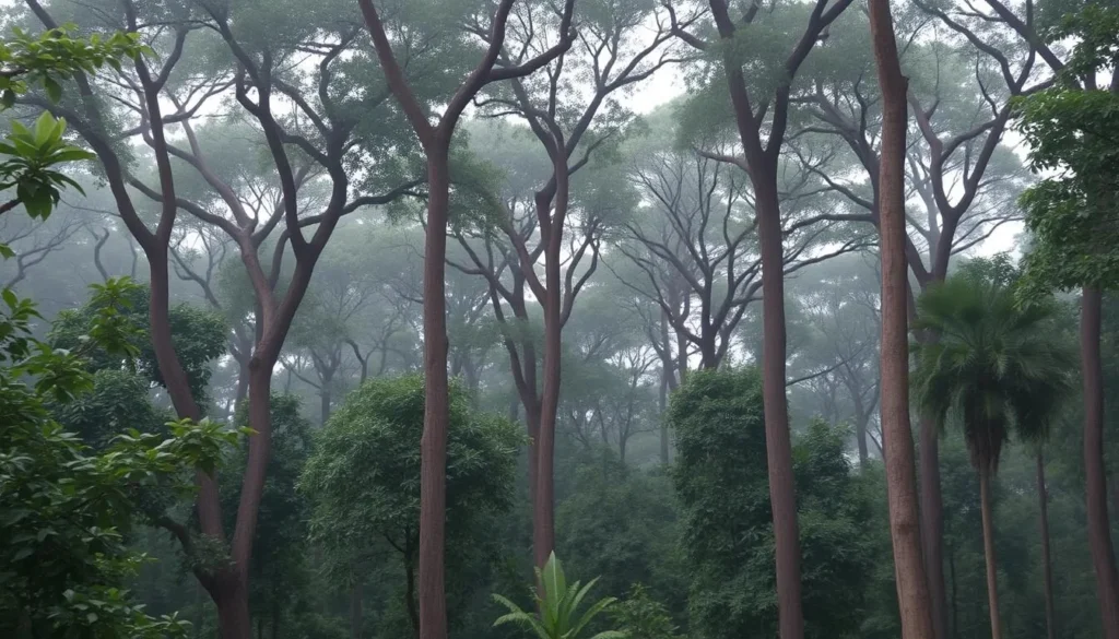 An image of a dense forest with tall Sal trees and a serene atmosphere.