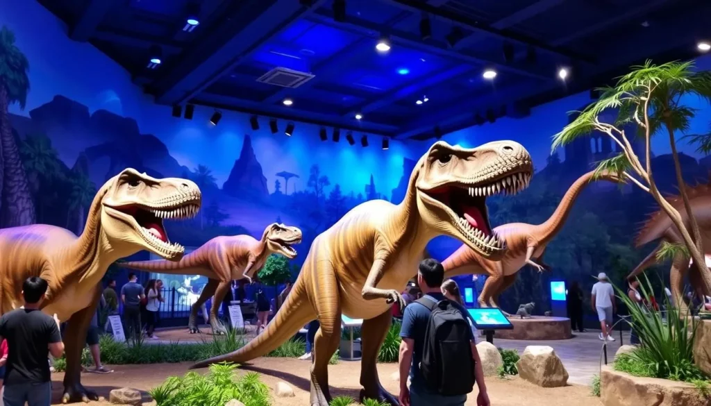 An image of a dinosaur exhibition with animatronic models and interactive displays