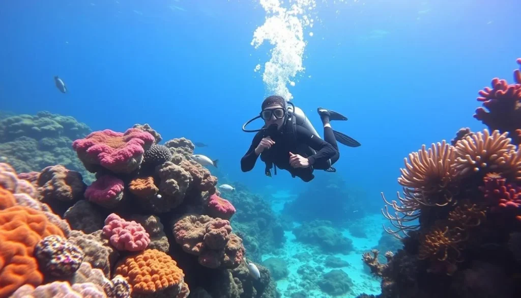 An image of a diver exploring the vibrant coral reefs around Ilha do Frances