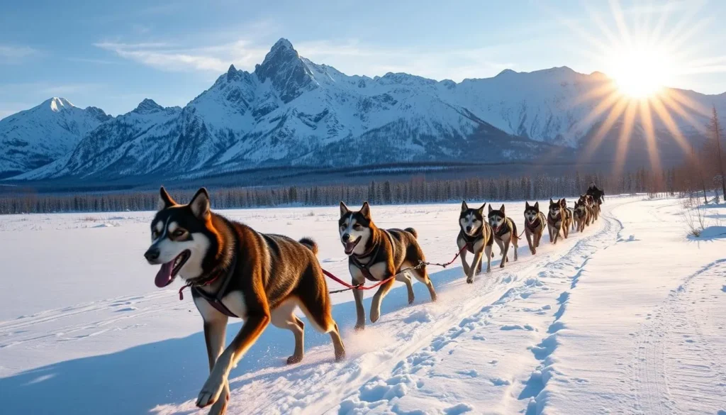 An image of a dog sled team racing through a snowy meadow, with the Rocky Mountains rising in the background.
