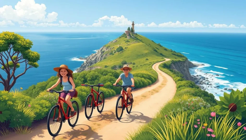 An image of a family biking on a scenic trail near the shoreline