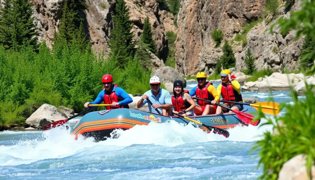 An image of a group navigating a whitewater raft through the rapids of the Kananaskis River.