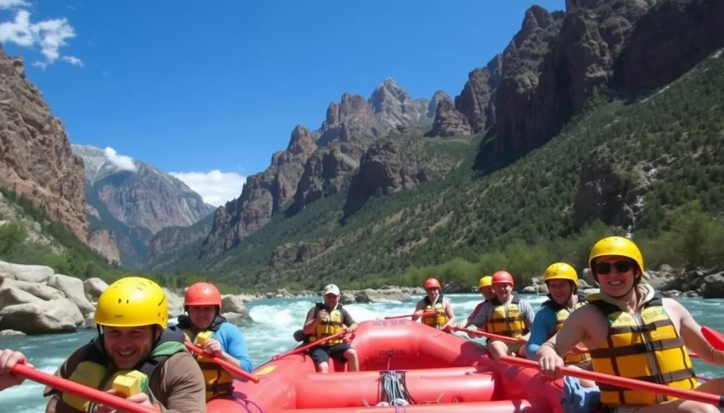 An image of a group of people rafting on the Animas River, surrounded by scenic mountains and rapids.
